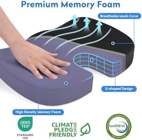 Memory Foam Orthopedic Seat Cushion for Sciatica, Tailbone & Back Pain Relief – Coccyx Support Pillow for Office, Car, Travel, Pregnancy & Long Sitting
