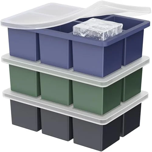 Large Square Silicone Ice Cube Tray Set with Lid – Makes 2‑inch Cubes for Whiskey and Cocktails