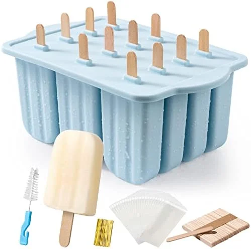 12-Piece Silicone Popsicle Molds Set, Easy-Release BPA-Free Ice Pop Maker with 50 Sticks, Storage Bags & Cleaning Brush