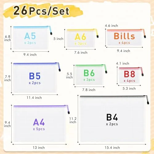 26-Piece Mesh Zipper Storage Pouches, 8 Size Clear Waterproof Zippered Organizer Bags for Office, School, Travel & Home Organization