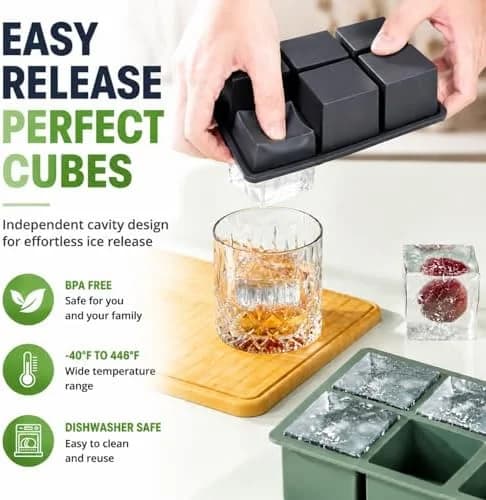 Large Square Silicone Ice Cube Tray Set with Lid – Makes 2‑inch Cubes for Whiskey and Cocktails